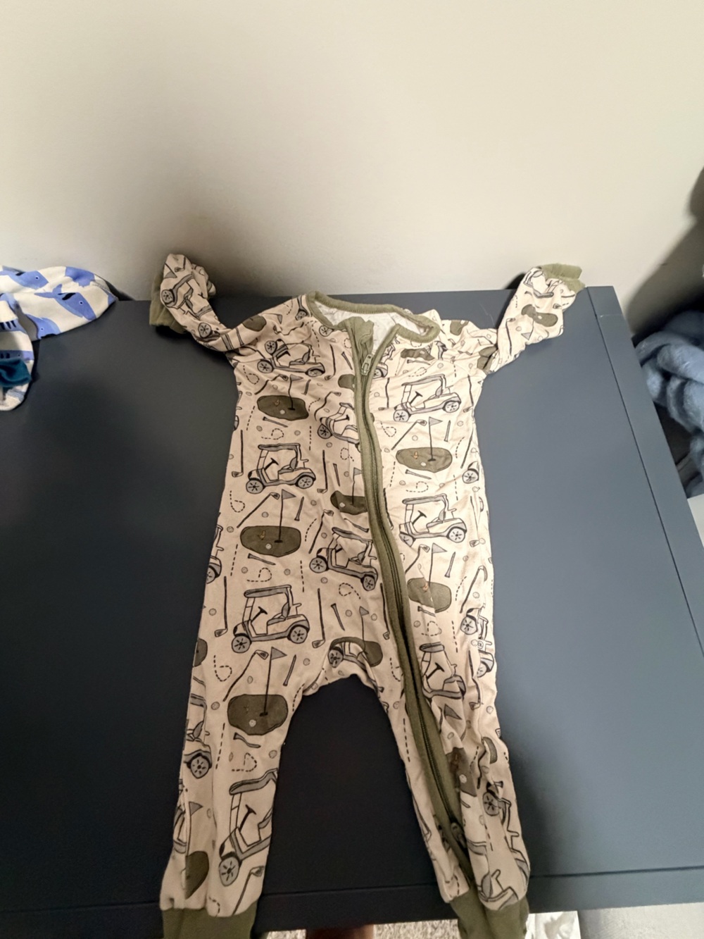 Caden Lane Olive and Cream golf cart-Print Footed One-Piece